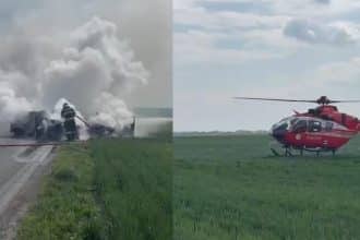 Rămășițele carbonizate ale unui autoturism pe DN 59C, după accidentul violent dintre Comloșu Mare și Teremia Mare, cu echipaje de poliție efectuând măsurători.