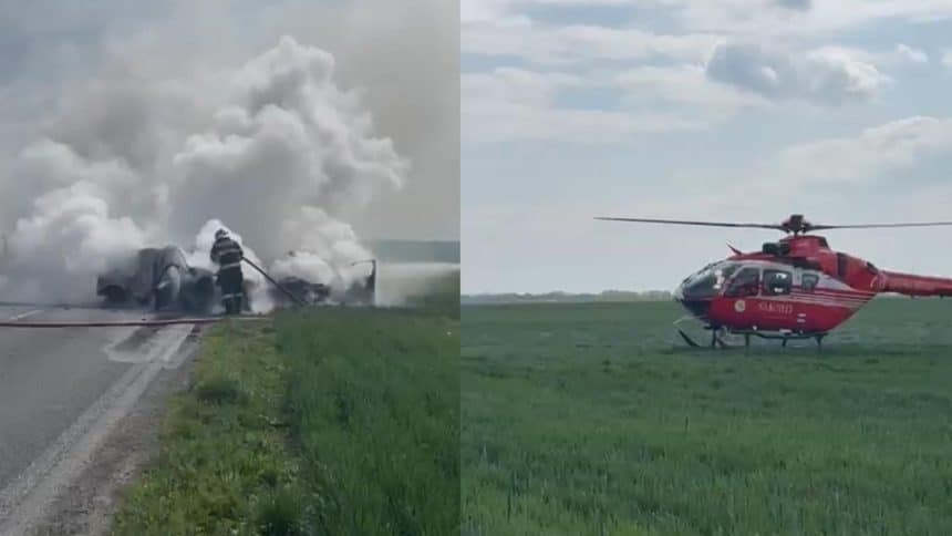 Rămășițele carbonizate ale unui autoturism pe DN 59C, după accidentul violent dintre Comloșu Mare și Teremia Mare, cu echipaje de poliție efectuând măsurători.