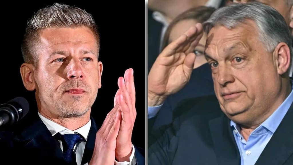 Péter Magyar, liderul partidului Tisza, sărbătorind victoria istorică la alegerile parlamentare din Ungaria 2026.