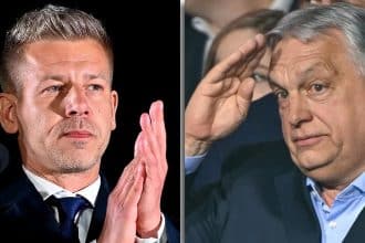 Péter Magyar, liderul partidului Tisza, sărbătorind victoria istorică la alegerile parlamentare din Ungaria 2026.