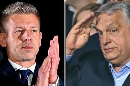 Péter Magyar, liderul partidului Tisza, sărbătorind victoria istorică la alegerile parlamentare din Ungaria 2026.
