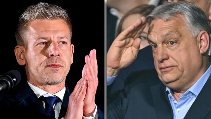 Péter Magyar, liderul partidului Tisza, sărbătorind victoria istorică la alegerile parlamentare din Ungaria 2026.