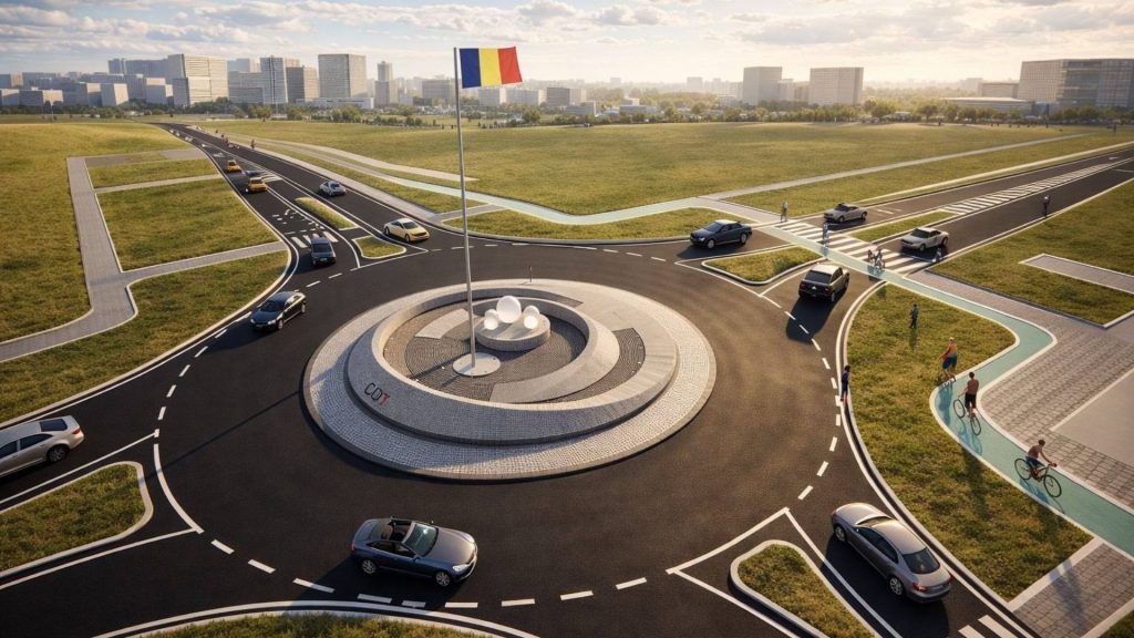 Schiță tehnică a unui sens giratoriu standardizat în județul Timiș, cu accent pe iluminat și vizibilitate.