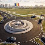 Schiță tehnică a unui sens giratoriu standardizat în județul Timiș, cu accent pe iluminat și vizibilitate.