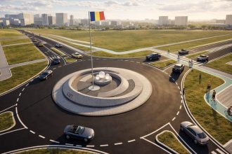 Schiță tehnică a unui sens giratoriu standardizat în județul Timiș, cu accent pe iluminat și vizibilitate.