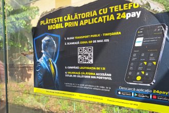 Validator de bilete în mijloc de transport STPT Timișoara indicând modalitățile alternative de plată cu cardul bancar.