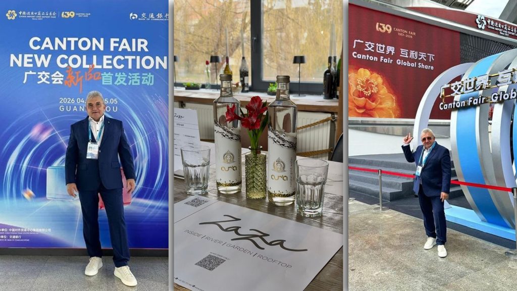 Standul apei Aur’a la Canton Fair 2026 din China, cu fondatorul Horațiu Rada prezentând produsul partenerilor internaționali.