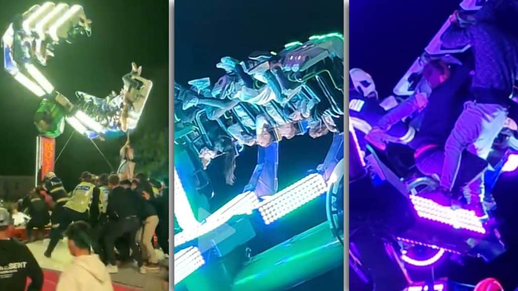 Echipaje ISU Caraș-Severin intervenind pentru salvarea a 14 tineri blocați la înălțime în caruselul de la Ruga Caransebeș.