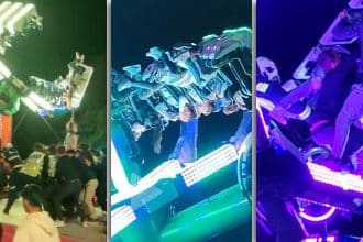 Echipaje ISU Caraș-Severin intervenind pentru salvarea a 14 tineri blocați la înălțime în caruselul de la Ruga Caransebeș.