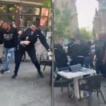 Echipaje ale Poliției Locale Timișoara ridicând mobilierul unei terase neautorizate din Piața Victoriei după un conflict cu proprietarul.