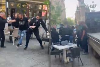 Echipaje ale Poliției Locale Timișoara ridicând mobilierul unei terase neautorizate din Piața Victoriei după un conflict cu proprietarul.