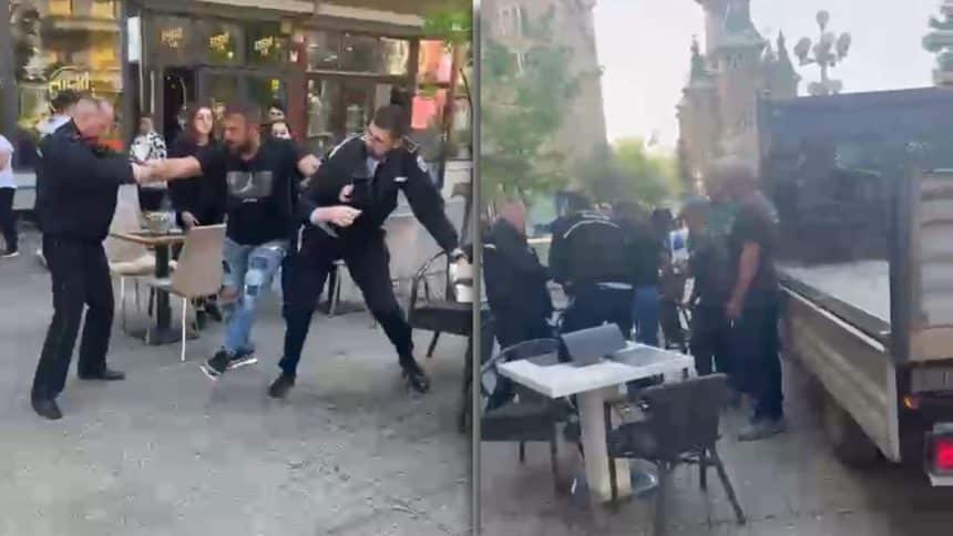 Echipaje ale Poliției Locale Timișoara ridicând mobilierul unei terase neautorizate din Piața Victoriei după un conflict cu proprietarul.