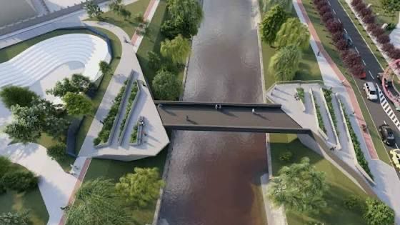 Proiectul noii Pasarele a Îndrăgostiților din Timișoara, cu rampe de acces, piste de biciclete și iluminat LED.