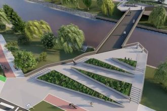 Proiectul noii Pasarele a Îndrăgostiților din Timișoara, cu rampe de acces, piste de biciclete și iluminat LED.
