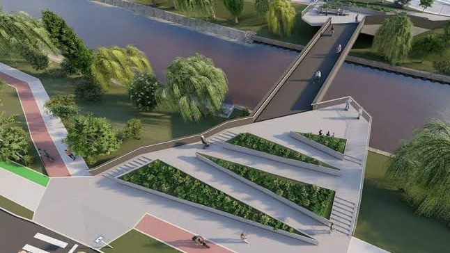Proiectul noii Pasarele a Îndrăgostiților din Timișoara, cu rampe de acces, piste de biciclete și iluminat LED.