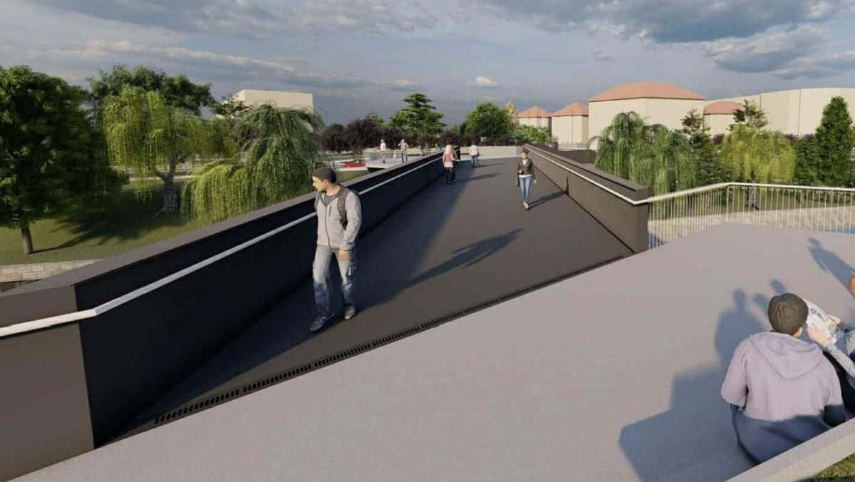 Proiectul noii Pasarele a Îndrăgostiților din Timișoara, cu rampe de acces, piste de biciclete și iluminat LED.
