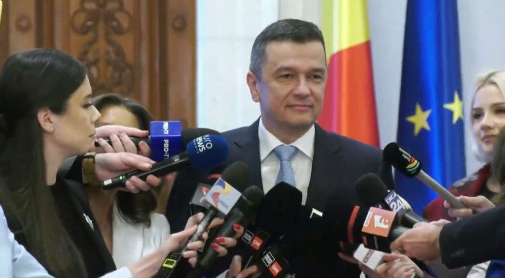 Sorin Grindeanu și liderii PSD anunțând depunerea moțiunii de cenzură comune cu AUR împotriva Guvernului Bolojan.