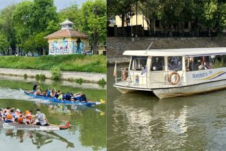 Tineri practicând sporturi nautice pe Canalul Bega în cadrul competiției Tineri pe Val.