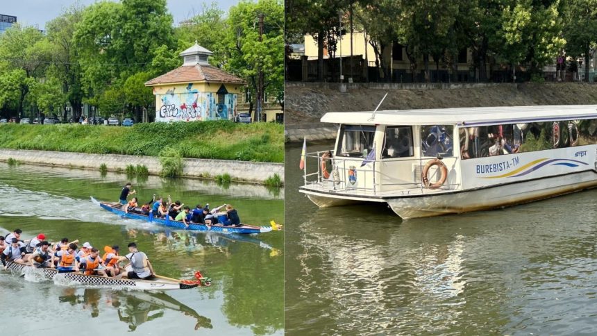 Tineri practicând sporturi nautice pe Canalul Bega în cadrul competiției Tineri pe Val.