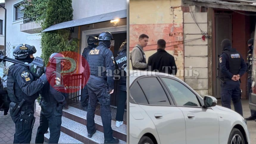 Echipe de intervenție ale IPJ Timiș efectuând percheziții la sediul unei firme într-un dosar de obținere ilegală de fonduri.