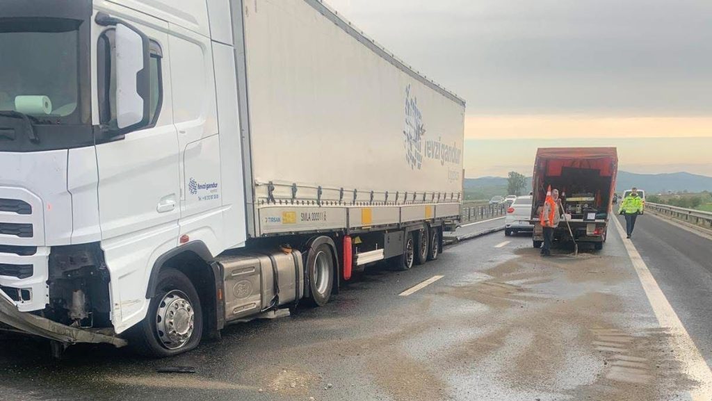 Camion imobilizat pe contrasens pe autostrada A1 lângă Orăștie după ce a rupt glisierele metalice de separare.