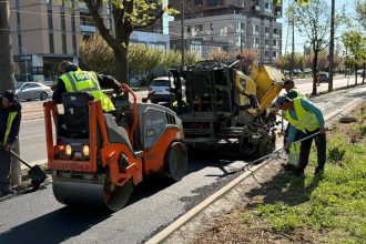 Utilaje și semnalizări rutiere pe strada Transilvania din Timișoara pentru lucrări de infrastructură.