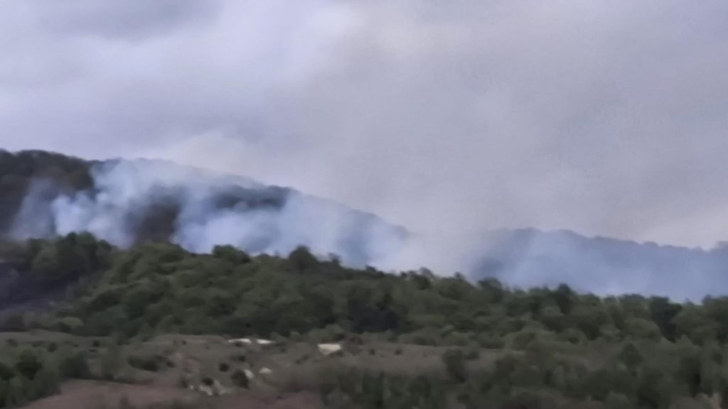 Pompieri militari utilizând suflante și vermorele pentru stingerea focarelor de vegetație pe teren accidentat la Ilova.