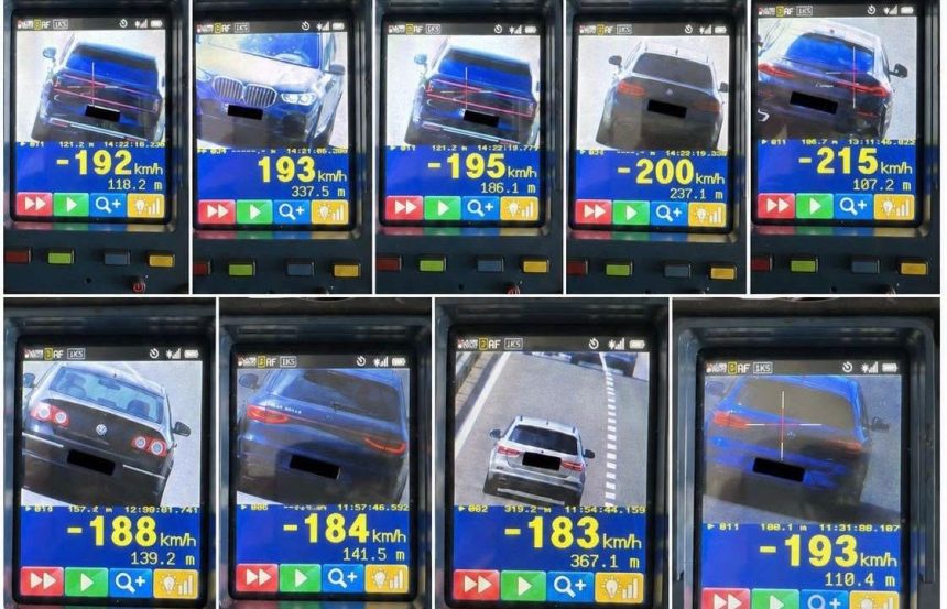 Echipaj al Poliției Autostrăzi efectuând controale radar pe A1, tronsonul Sebeș-Orăștie.