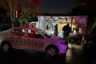 Pompieri intervenind pentru stingerea unui incendiu la o dubă și o hală de depozitare în Timișoara, unde o persoană și-a pierdut viața.