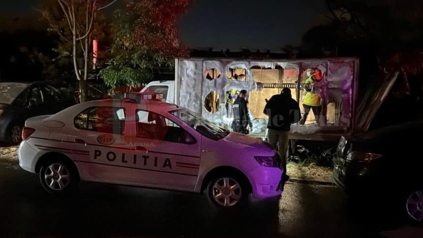 Pompieri intervenind pentru stingerea unui incendiu la o dubă și o hală de depozitare în Timișoara, unde o persoană și-a pierdut viața.