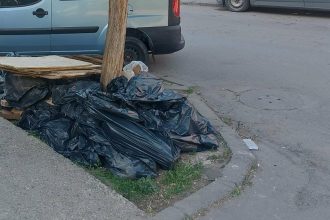 Sacii cu deșeuri din construcții abandonați pe spațiul verde de pe strada Platanilor din Timișoara, lângă mașina contravenientului.