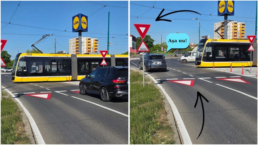 Noile indicatoare rutiere și marcaje de pe carosabil în sensul giratoriu de la AEM, indicând prioritatea tramvaiului față de autoturisme.