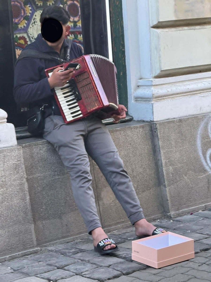 Poliția Locală Timișoara legitimând un cântăreț stradal fără autorizație pe strada Alba Iulia.