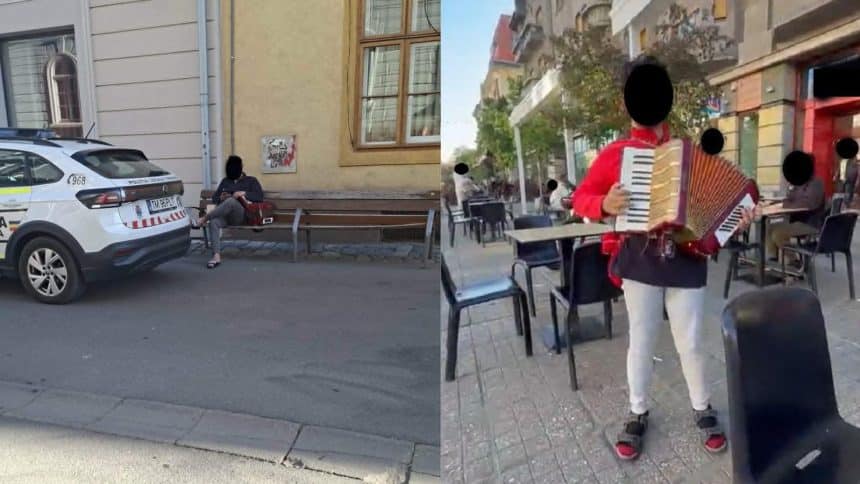 Poliția Locală Timișoara legitimând un cântăreț stradal fără autorizație pe strada Alba Iulia.