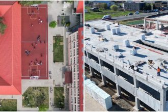 Machetă cu viitoarea grădină suspendată de la Școala Regina Maria din Timișoara; investiții masive în infrastructura școlară.
