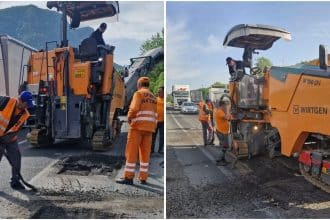 Lucrări de reparații ale carosabilului pe DN 6, între Mehadia și Cornea, județul Caraș-Severin.