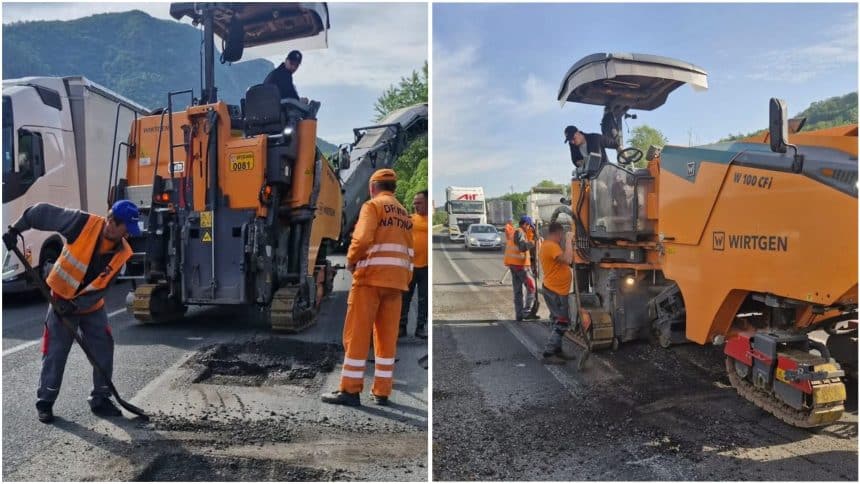 Lucrări de reparații ale carosabilului pe DN 6, între Mehadia și Cornea, județul Caraș-Severin.