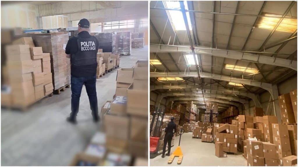 Polițiști și procurori DIICOT examinând sute de cutii cu suplimente alimentare false confiscate în urma perchezițiilor din mai 2026.
