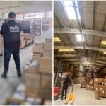 Polițiști și procurori DIICOT examinând sute de cutii cu suplimente alimentare false confiscate în urma perchezițiilor din mai 2026.