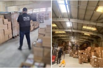 Polițiști și procurori DIICOT examinând sute de cutii cu suplimente alimentare false confiscate în urma perchezițiilor din mai 2026.