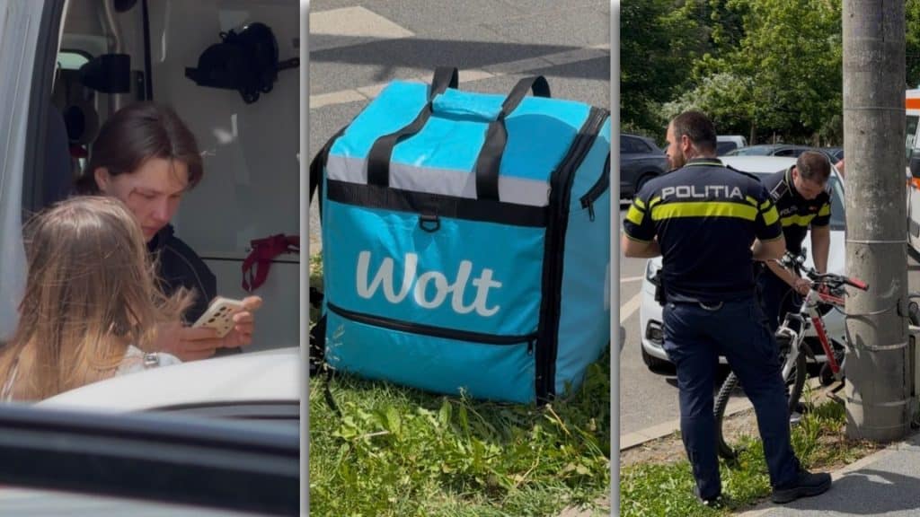 Echipaj de poliție și ambulanță la locul unei agresiuni stradale unde o livratoare de mâncare pe bicicletă a fost atacată.