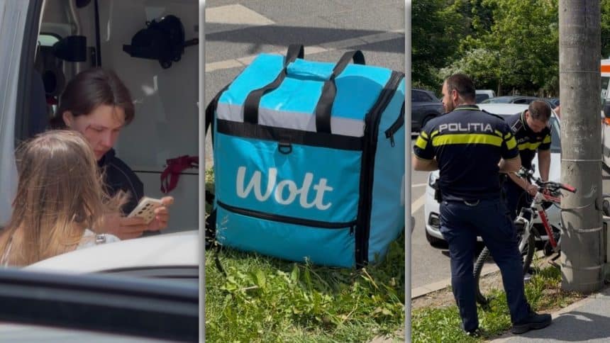 Echipaj de poliție și ambulanță la locul unei agresiuni stradale unde o livratoare de mâncare pe bicicletă a fost atacată.