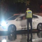 Filtru de control al Poliției Rutiere Timiș pe o stradă din Timișoara pe timp de noapte, verificând actele unui șofer.