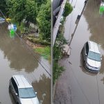 Străzi inundate în municipiul Lugoj cu mașini care înaintează cu dificultate prin acumulările mari de apă de pe carosabil.