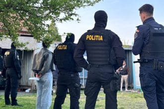 Polițiști din Timiș și mascați de la SAS ridicând panouri fotovoltaice și invertoare furate, în urma unor descinderi în satul Jena.