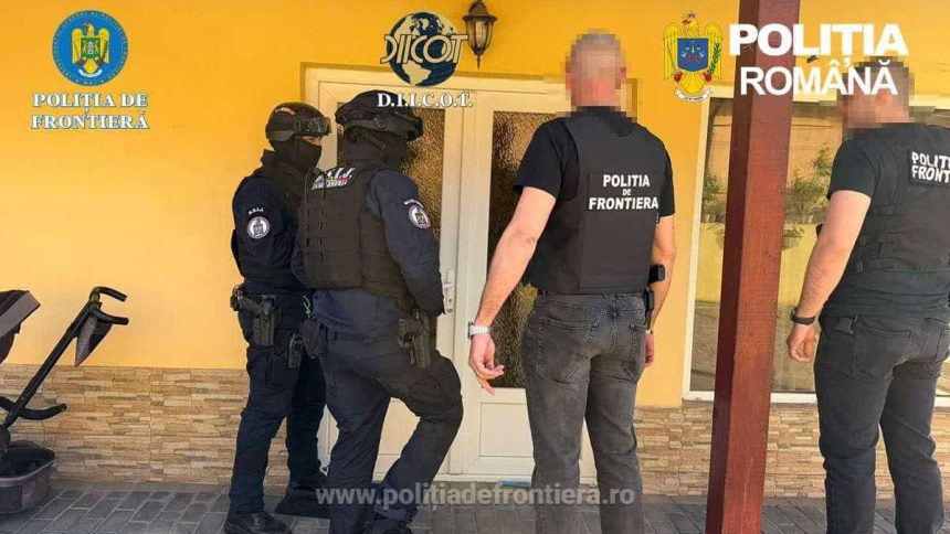 Ofițeri DIICOT și polițiști de frontieră din Timișoara confiscând baxuri de țigări de contrabandă și comprimate în cadrul unei operațiuni internaționale.