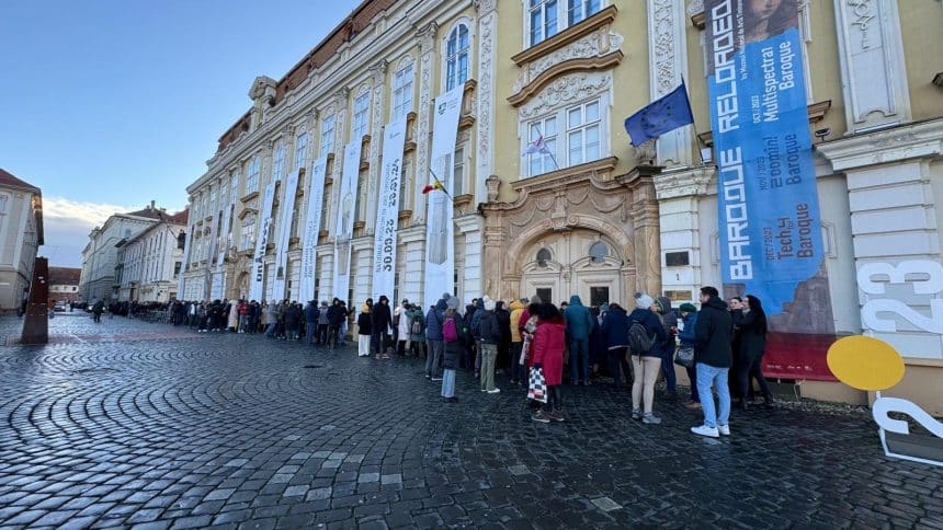 Vizitatori în curtea Muzeului Național al Banatului din Timișoara în cadrul evenimentelor speciale de Noaptea Muzeelor.