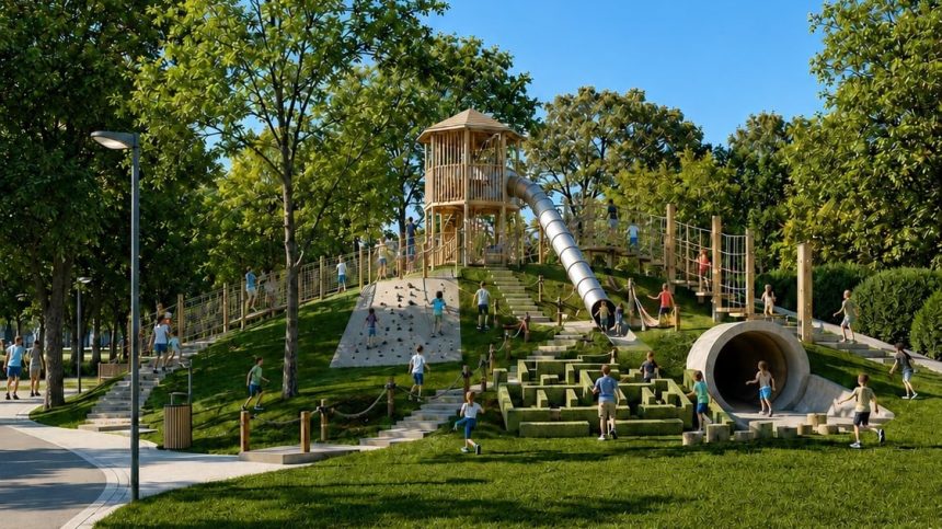 Copii jucându-se la locurile de joacă din Parcul Copiilor din Timișoara, vizat de un nou proiect PNL de modernizare.