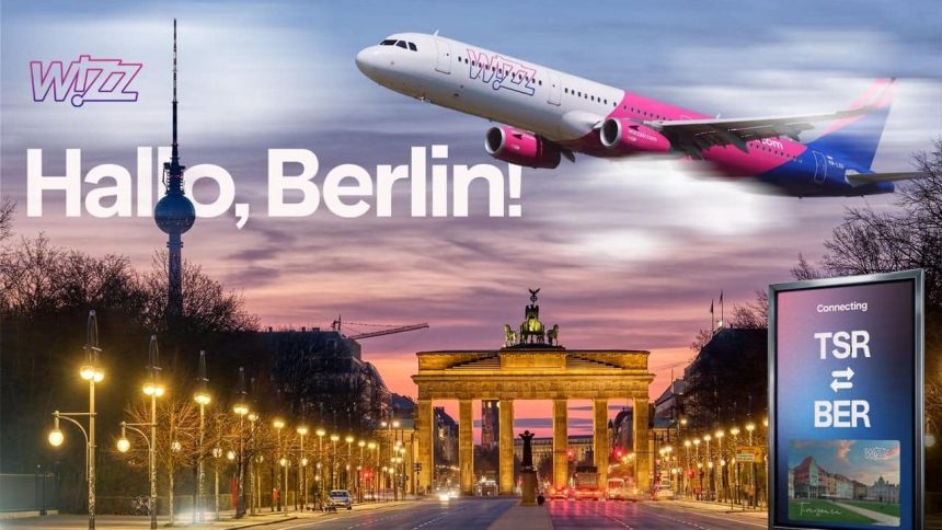 Avion de pasageri al companiei Wizz Air pe pista Aeroportului Internațional Timișoara, pregătit pentru noua cursă spre Berlin.