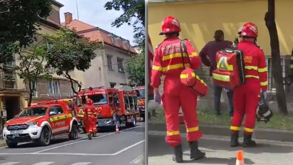 Autospeciale de stingere ale ISU Timiș intervenind de urgență la un incendiu izbucnit într-un bloc de locuințe pe strada Paris din Timișoara.